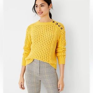 Ann Taylor Bright Yellow Cable-Knit Crewneck Sweater with Shoulder Buttons